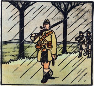 First World War 1914-1918: Highlander. The soldiers from Scotland came to help the French army. Their military uniform consists of one kilt. Engraving in 