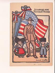 Postcard, Satirical in Colors: Le Grand Ami the Great Friend - War of 14-18, America, Alsace Lorraine Illustration by Andre Helle (1875-1945)