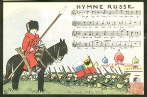 Postcard, Satirical in Colors: Russian Anthem - War of 14-18, Russia, Singing - Soldiers Illustration by Andre Helle (1875-1945) by Andre Helle