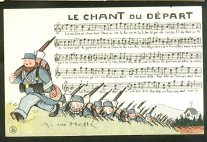 Postcard, Satirical in Colors: The Song of the Depart - War of 14-18, Soldiers Illustration by Andre Helle by Andre Helle