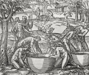 Cap de Frie, women preparing food, engraving, South America by Andre Thevet