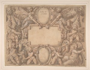 A Cartouche and Two Shields Surrounded by Allegorical Figures by Andrea Lilli