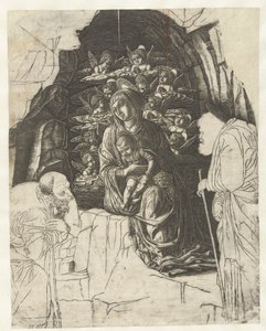 Mary with Child Surrounded by Angels in a Cave with Joseph and King in Adoration by Andrea Mantegna (school of)