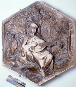 Poetry, hexagonal decorative relief tile from a series depicting the Seven Liberal Arts, possibly based on designs by Giotto