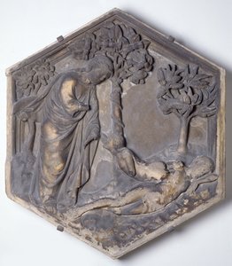The Creation of Eve, hexagonal decorative relief tile from a series illustrating episodes from Genesis, possibly based on designs by Giotto, c.1334-48