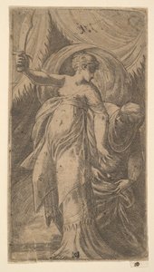 Judith with her sword raised in her right hand and placing the head of Holofernes