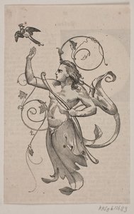 Genius with Bow in Left Hand and Right Hand Raised Towards a Crowned Bird