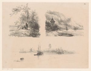 Figures in a Forest, a River along a Mountainous Coast, and Boats on the Water by Andreas Schelfhout