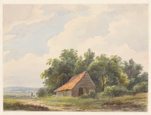 Landscape with Barn and a Shepherd with Sheep in the Distance