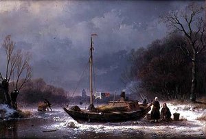 Peasants by a Boat on a Frozen River by Andreas Schelfhout