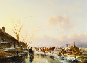 Skaters by a Booth on a Frozen River, 1850 by Andreas Schelfhout