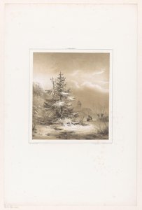 Winter Landscape with Conifers and Man with Sled