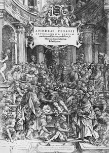 Title page of De humani corporis fabrica, where Andreas Vesalius is depicted dissecting cadaver