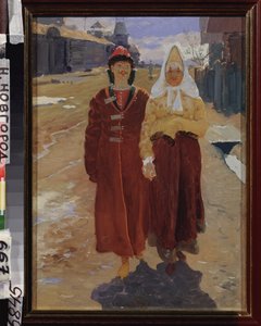 Out for a Visit. (Elegant Boyar Couple in Traditional Clothes, Walking in a Village with Wooden Houses). Painting by Andrei Petrovich Ryabushkin