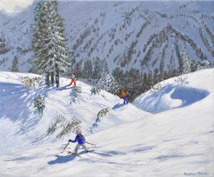 Three skiers, Kitzbuehel, Austria, 2024