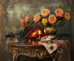 Vintage Violin and Roses by Andrey Morozov