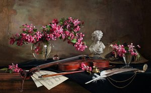 Violin Still Life With Blossoms