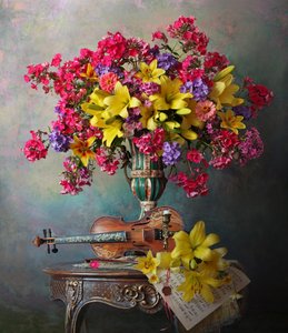 Violin and Vibrant Bouquet