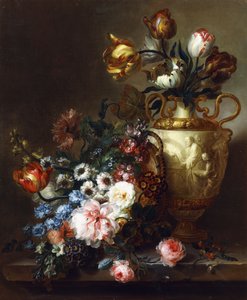 Tulips in a Vase and Roses in a Basket on a Stone Ledge
