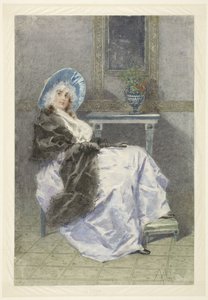 Seated Young Woman with Black Shawl and Purple Skirt by Angelo Achini