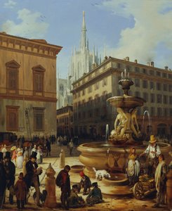 Street View of Milan, with the Cathedral in the Background by Angelo Inganni