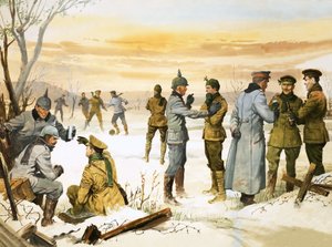 British and German soldiers hold a Christmas truce during the Great War