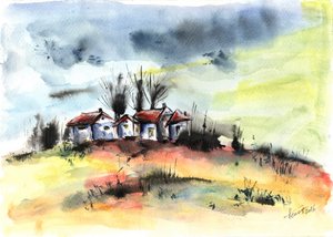 Stormy Hillside Village by Aniko Hencz