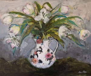 White Tulips in an Ironstone Jug, 2019 by Ann Oram