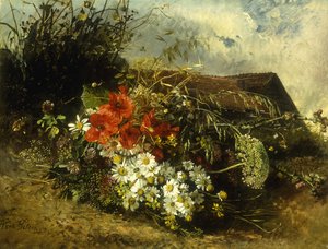 Wild Flowers on a Bank, with a Cottage Beyond