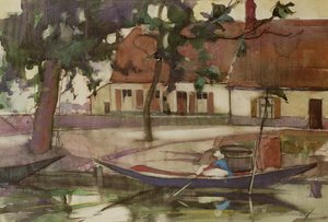 Boat on a Canal, French Village by Anne Redpath