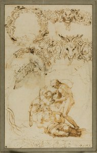 Drunken Silenus and Decorative Sketches: Studies for the Tazza Farnese (recto); Two Putti Fighting (verso)