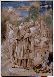 Saint Charles Borromeo baptizing a child. The dead sheep and the sketches of layers of bodies next to which a man closes his nose so as not to breathe the smell suggests that the drawing depicts the arch of Milan Saint Charles Borromeo by Annibale Carracci