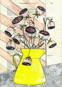 Pink Blooms Yellow Pitcher by Annick