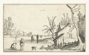 Farmhouse by Frozen River with Skaters on the Ice by Anonymous