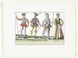 Three Spanish soldiers in uniform and a sutler, ca. 1580 by Anonymous