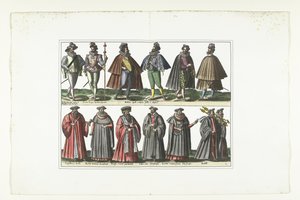 Double Plate with Twelve Men Dressed in French Fashion, ca. 1580 (title on object: Costumes Français) by Anonymous