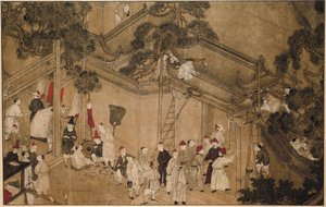 A temple with construction workers at work by Anonymous