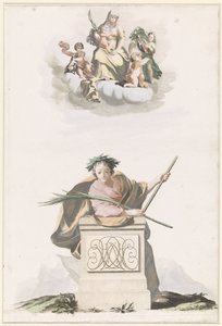 Figure Leaning on a Stone Pillar with Initials and Mary on the Clouds