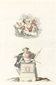 Figure Leaning on a Stone Pillar with Initials and Mary on the Clouds