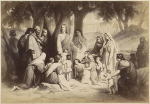 Photoreproduction of (presumably) a print of Jesus with children (Let the children come to me)