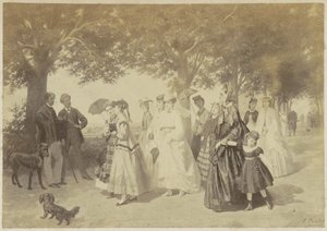 Photoreproduction of a painting of strolling women and men in a park by Anonymous