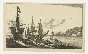 Harbor with Sailing Ships and Sailors on the Quay