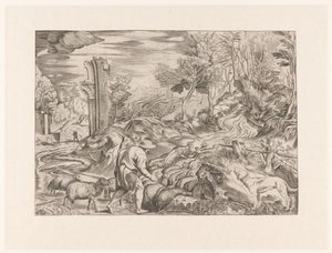 Shepherd with Flock of Sheep by Anonymous