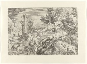 Shepherd with Flock of Sheep by Anonymous