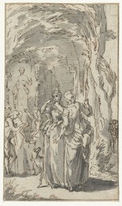 Illustration Design with Two Young Women and a Dog