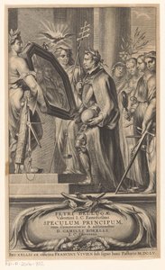 King Shown a Mirror by Justice and Faith (Title Page for: Petrus Belluga and Camillo Borello, Speculum principum, 1655) by Anonymous