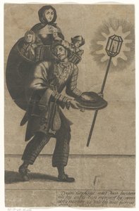 Man with Lantern and His Family in a Basket on His Back by Anonymous