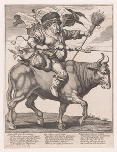 Man Overloaded with Household Goods Riding an Ox during Carnival