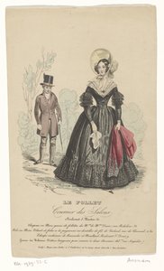 Fashion Print of a Lady in a Black Dress with a Double White Lace Collar, with a Gentleman in the Background Wearing a Top Hat and Trees by Anonymous