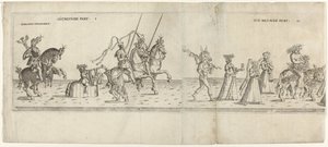Parade with Costumed Characters, Including Rider Bernhart von Ahren, a Donkey with a Spit, Janus, Bacchus on a Donkey, and Two Musicians